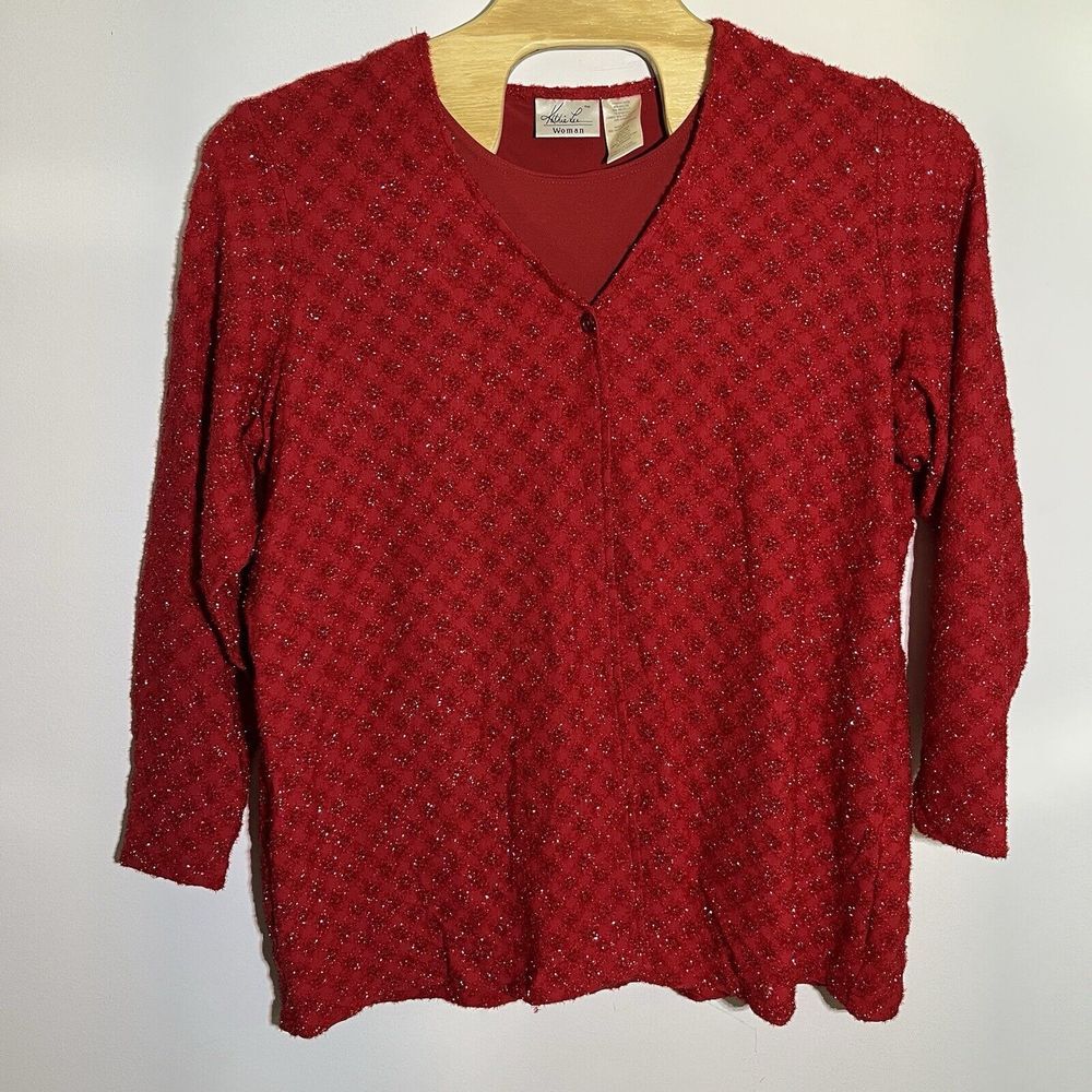 Vintage Kathie Lee Women's 26 28 Red Metallic Connected Shell Cardigan Holiday